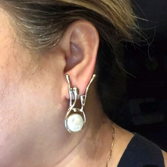 Silver Abstract statement earrings dangle Faux pearl metallic Modern 💖2/$30 - Picture 4 of 16
